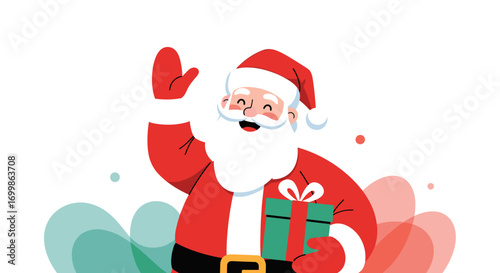 Joyful santa claus waving hello while holding a christmas gift box celebration