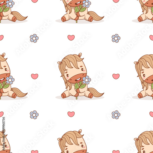 Seamless pattern Cute Little Horse with Blue Flower on white background. Funny Holiday Animal Pony Kawaii character. Vector illustration. Kids collection. Not AI