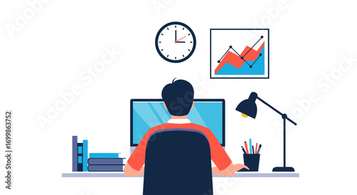 A person working at a desk with a computer studying data and charts under a clock showing time management