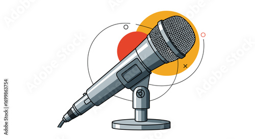 A classic dynamic microphone mounted on a stand ready for recording or performance amplification