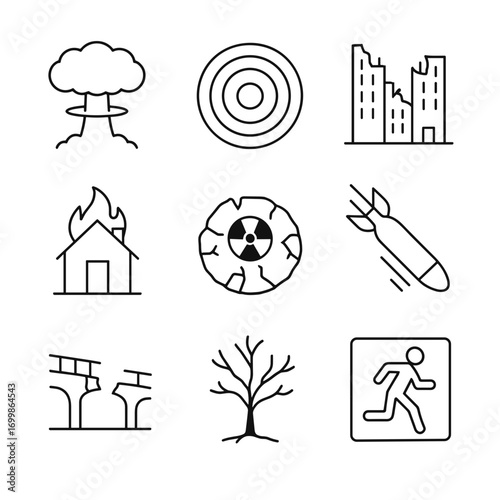 Icons representing nuclear war themes with explosions and destruction  