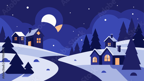 Winter landscape with houses and moon night
