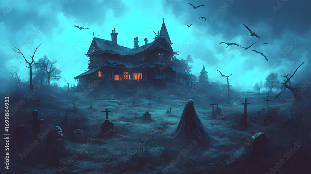 Obraz premium Spooky haunted house on hill foggy graveyard