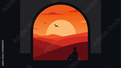 Silhouette person watching sunset landscape