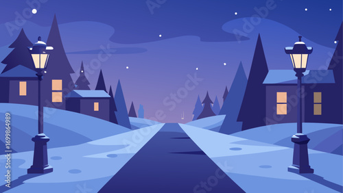 Winter night scene with snowy road and lamps