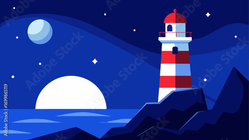 Lighthouse at night with moon and stars