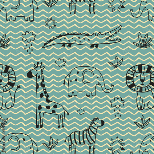 Vector seamless pattern with cartoon safari jungle animals zebra, lion, elephant, crocodile, giraffe, leopard, rhinoceros, hippopotamus. Hand draw cute animals in sketch style. Doodle style line art.