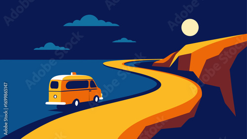 Orange van on a winding road at nighttime
