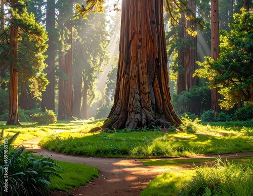 Wallpaper Mural Sunlight Through Ancient Sequoia Trees Along a Winding Forest Pathway Torontodigital.ca