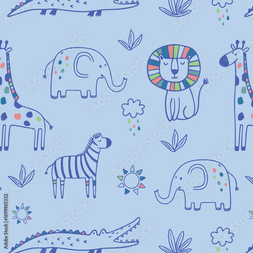 Vector seamless pattern with cartoon safari jungle animals zebra, lion, elephant, crocodile, giraffe, leopard, rhinoceros, hippopotamus. Hand draw cute animals in sketch style. Doodle style line art.