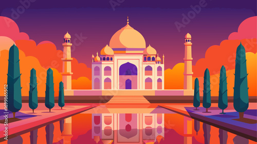 Taj mahal reflecting in water at sunset