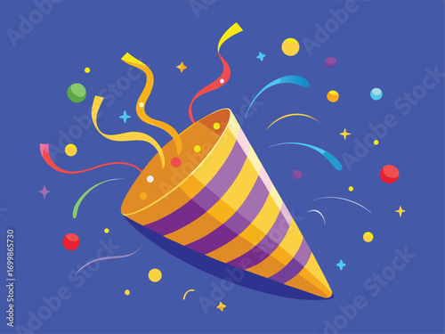 Golden Cone with Party Streamers and Confetti Burst