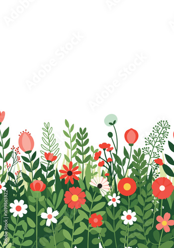 Vibrant meadow of wildflowers and lush green foliage in full bloom