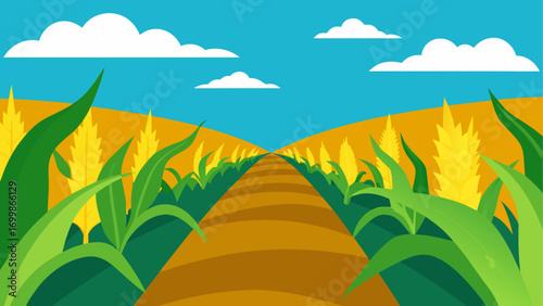 Cornfield landscape with blue sky and clouds