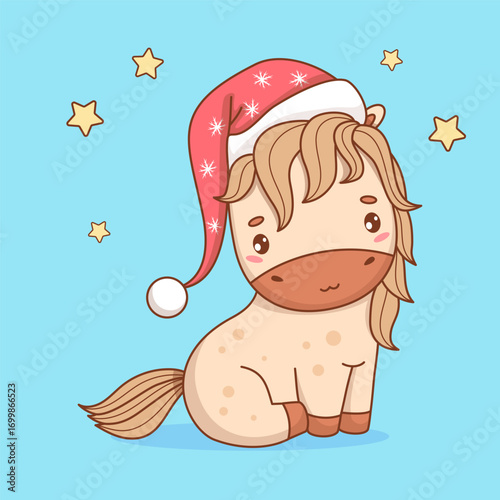Cute Christmas Little Horse in Santa hat. Funny Holiday New Year kawaii animal. 2026 Horse to Eastern calendar, symbol of year. Vector illustration. Kids collection. Not AI