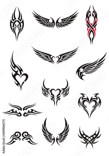 Collection of tribal wing and heart tattoo designs for custom body art inspiration