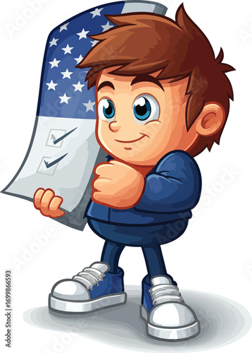 Young Cartoon Boy Holding a Voting Ballot with American Flag Design