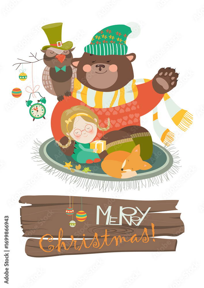 Naklejka premium Cute girl, funny bear and owl celebrating Christmas. Vector greeting card