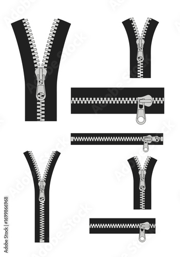 Collection of various black zipper closures in different styles and sizes for clothing and accessories