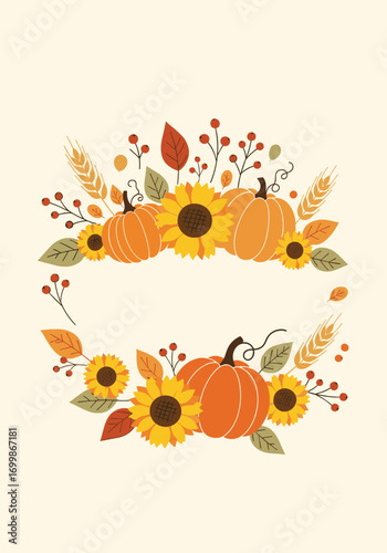 Autumn harvest festival celebration with pumpkins sunflowers and wheat stalks