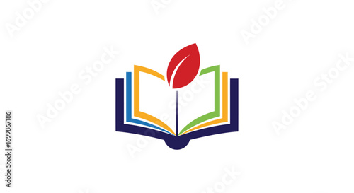 Open Book with Red Feather Pen Logo Design.