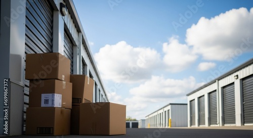 Cardboard boxes outside storage units under blue sky