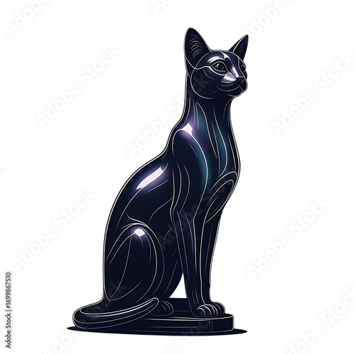 Elegant black cat statue isolated on transparent background, a sleek and modern feline sculpture