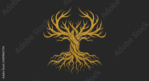 Golden Tree of Life Symbol Intricate Design Roots and Branches Spiritual Symbolism.