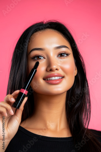 Close up of woman applying mascara with pink background, showcasing her smooth skin, long eyelashes, and confident smile, capturing beauty routine moment filled with joy and self care