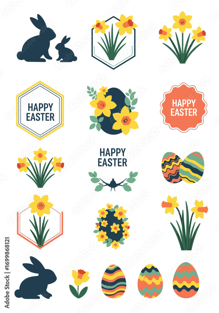 Fototapeta premium Happy easter celebration spring holiday decorated eggs and flowers illustrations