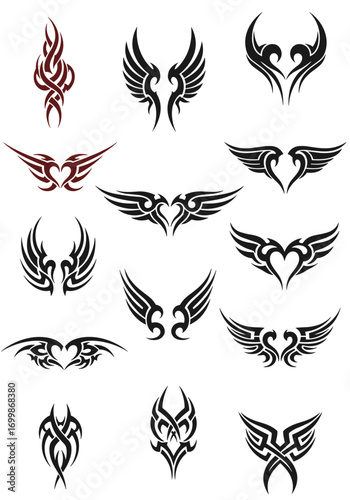 Collection of tribal tattoo designs featuring wings hearts and abstract elements