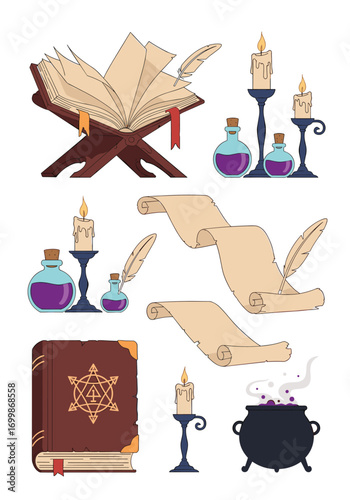Mystical alchemy and ancient sorcery ritual items collection