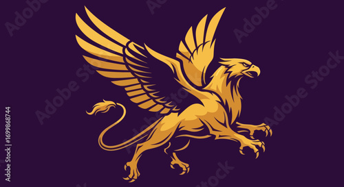 Majestic golden griffin mythical creature with powerful wings and lion body.