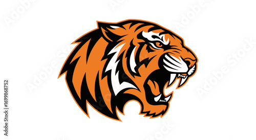 Aggressive tiger head roaring with sharp teeth and intense eyes.