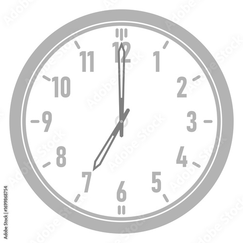 A Simple Clock Showing 7O'Clock, Minimalist Vector Clock at 7:00, Gray Clock Isolated on a transparent Background