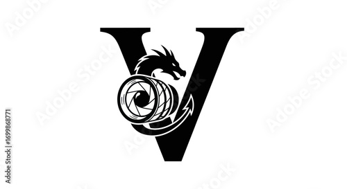 Dragon wrapped around camera lens inside letter V.