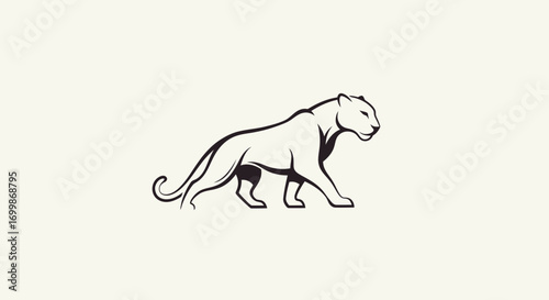 Minimalist black and white line art of a walking panther.