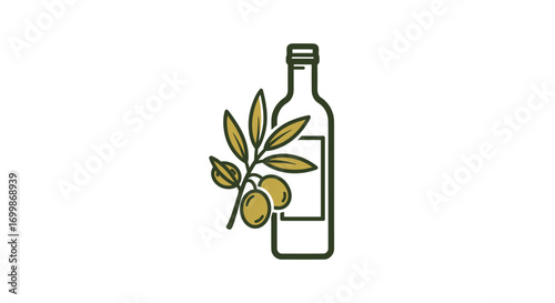 Olive oil bottle with olive branch line icon.