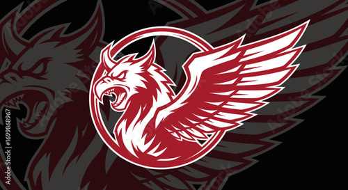 Fierce red griffin head mascot logo illustration.