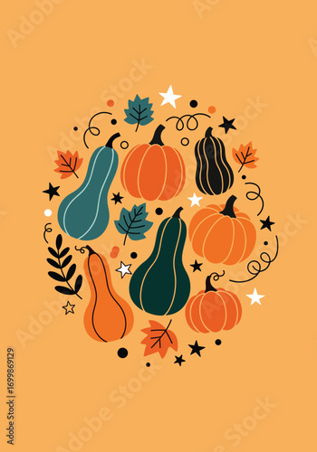 Autumn harvest gourds and fall leaves decoration celebration seasonal design