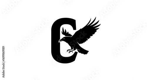 Black crow with spread wings flying next to bold letter C.