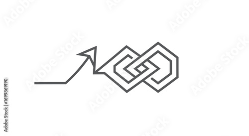 Continuous line drawing of an arrow pointing towards an intertwined geometric knot symbolizing complexity and progress.