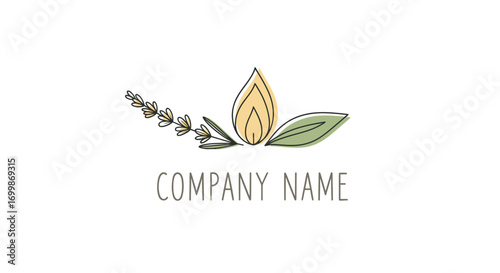 Hand-drawn botanical logo with lavender and leaf elements.
