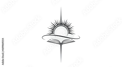 Stylized open book with radiating sun and elegant lines symbolizing knowledge and enlightenment.