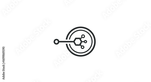 Minimalist line art icon depicting a central hub connecting to an external point symbolizing data flow networking or scientific structure.