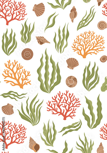 Whimsical ocean life coral seaweed and shells pattern design