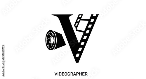 Videographer letter V logo with camera lens and film strip.