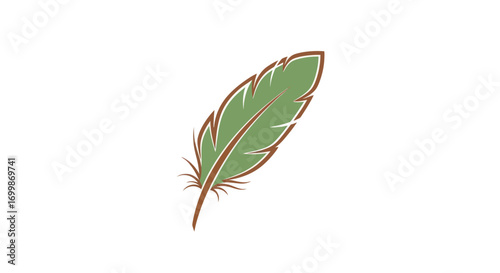 Single green feather with brown quill and delicate texture.