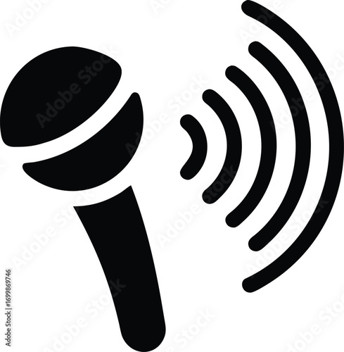 Black Silhouette of a Microphone Emitting Sound Waves on a White Background audio music