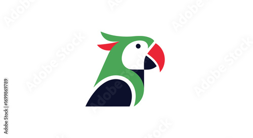 Stylized Green Parrot Head Logo with Red Beak and Crest.